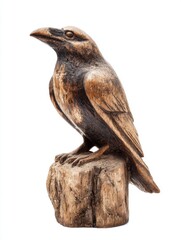 Obraz premium Rustic Bronze Crow Sculpture Perched On A Tree Stump Ornament Isolated On White Background