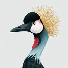 Fototapeta premium Side Profile Of A Grey Crowned Crane With Distinctive Golden Feathers Against Neutral Grey Background