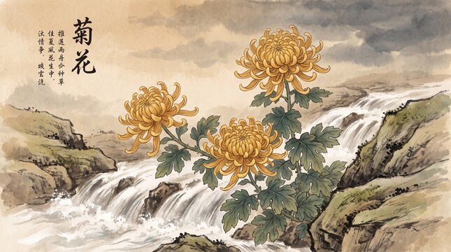 Double Ninth Festival background with yellow chrysanthemums and Chinese ink wash landscape