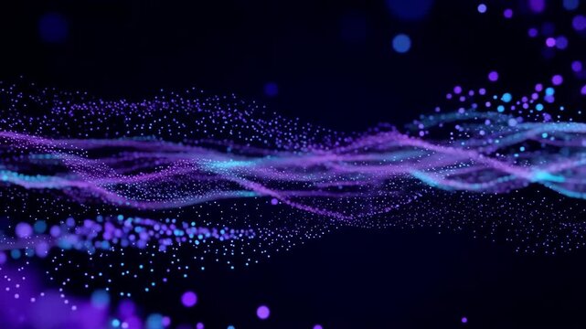 Colorful abstract wave of glowing particles transitions through shades of purple and blue, creating a mesmerizing visual effect against a dark background