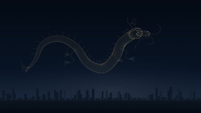 Golden drones form a glowing Chinese dragon above a distant city skyline at night, with flowing synchronized motion in a seamless loop
