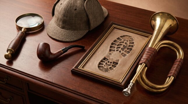 A deerstalker hat, smoking pipe, and framed boot footprint lie on a wooden desk.