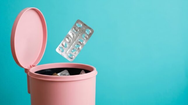 A silver empty blister pack of expired medication falls into a pink small trash can against a solid blue background, capturing the process of safe pharmaceutical disposal