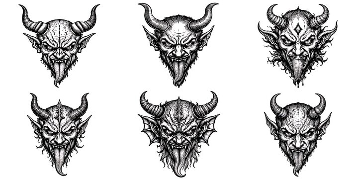 Demonic devil head sketches, set of 6 evil monster faces with horns, hand drawn dark fantasy creature illustrations