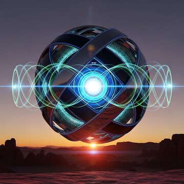 Futuristic Spaceship Flying Toward an Alien Planet and Earth in Deep Space with Glowing Neon Energy Waves, Digital Light Trails and Blue Cosmic Technology Background