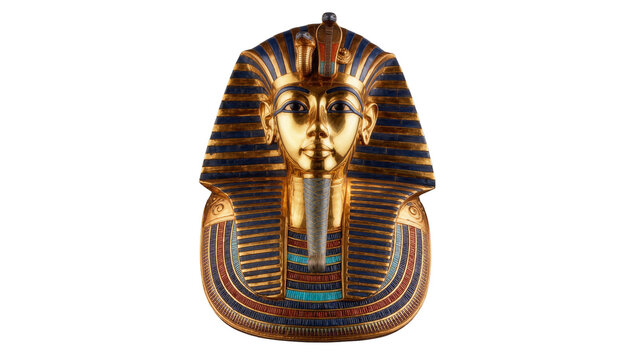 Golden Tutankhamun pharaoh mask with blue and red stripes, isolated on transparent background