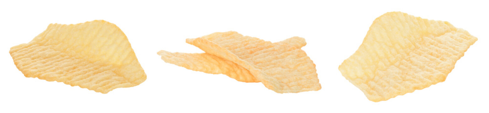 Set of heaps of potato chips isolated on transparent background. Crispy salted snack food for fast food, junk food, party and leisure, advertising template. Full focus photo