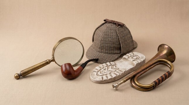 Vintage detective props including a deerstalker hat, magnifying glass, and smoking pipe.