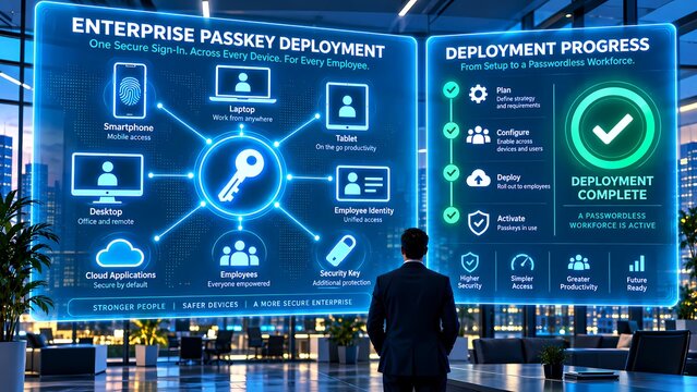 Enterprise passkey deployment panel with progress complete
