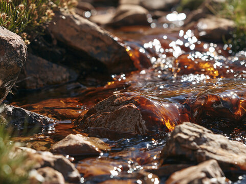 A close-up shot of a small stream flowing over rocks, with sunlight glinting off the water. The water has a reddish-brown tint, suggesting mineral content