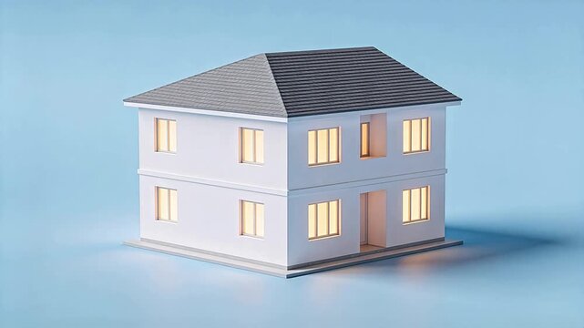 Two-story white house model with dark pitched roof on light blue background