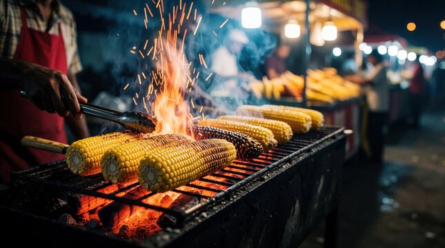 Grilled corn on charcoal fire with orange sparks at vibrant Indian street food market. Vendor cooks corn cob on barbecue grill at night festival. Hot delicious snack prepared at outdoor stall in Asia