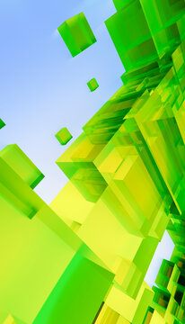 Green and yellow transparent 3d cubes floating in abstract digital art
