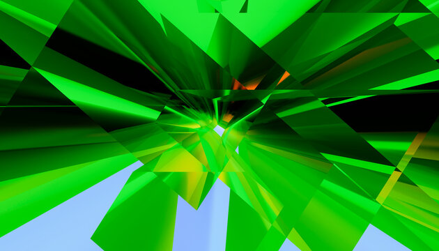 Abstract green geometric tunnel with layered shapes in digital art