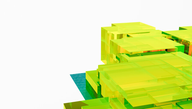 Abstract transparent green and yellow 3d stacked blocks on white