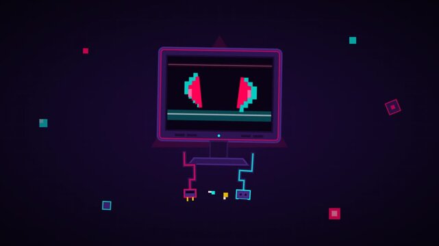 Retro Pixel Art Computer Monitor with Neon Broken Heart Animation.
