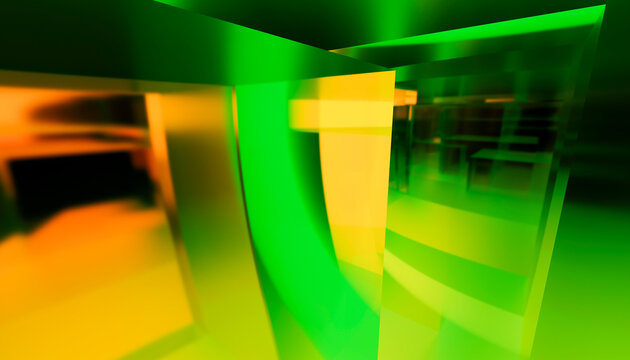 Abstract colorful glass panels with green, yellow, and orange hues