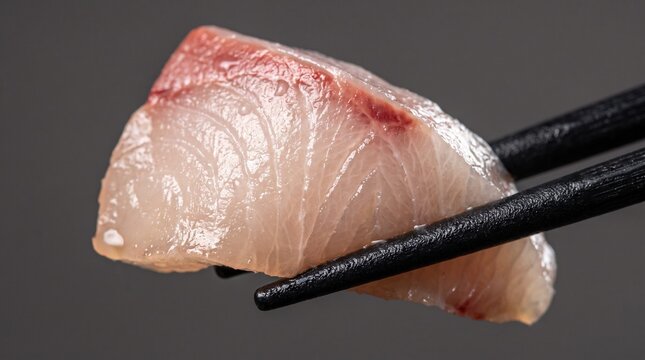 Macro Shot of Chopsticks Holding Fresh Raw Hamachi Yellowtail Sashimi Slice