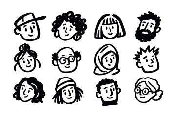 Fototapeta premium Diverse People Faces Hand Drawn Doodle Set