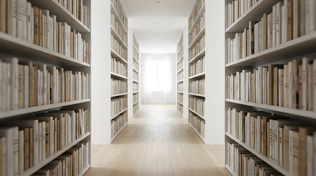A long hallway within a traditional library showcases numerous books arranged on tall wooden shelves extending far into a luminous and inviting