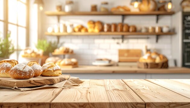 Rustic wooden table with fresh pastries and blurred bakery shelves filled with bread baked goods, warm sunlight and cozy cafe atmosphere for food display