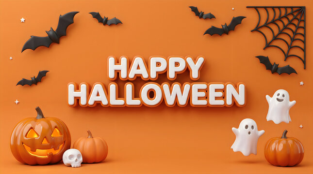 Festive happy halloween 3d typography design featuring cute ghosts bats and pumpkins on an orange background