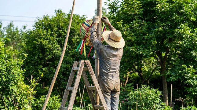 Man on ladder securing traditional Balinese festive ornament to bamboo pole in a lush garden, reflecting modern Balinese lifestyle and cultural preparation.