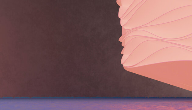 Pink abstract sculpture with wavy layered design in minimalist setting