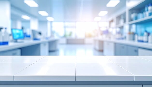 Empty white tiled laboratory tabletop in front of a blurred modern science research lab with benches, shelves, equipment and bright blue lighting for product mockup
