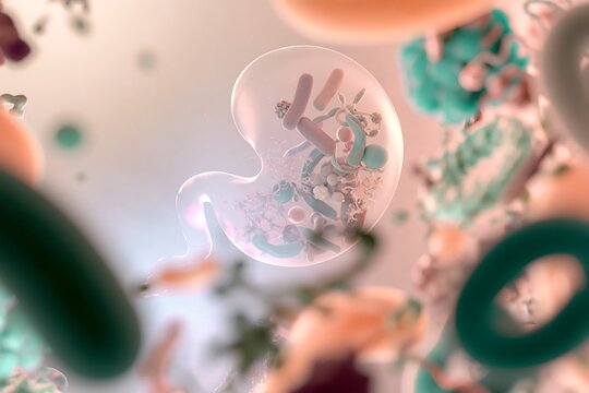 Infant gut microbiome concept with bacteria inside a translucent stomach, illustrating early intestinal colonization, gut immunity and neonatal microbiome research