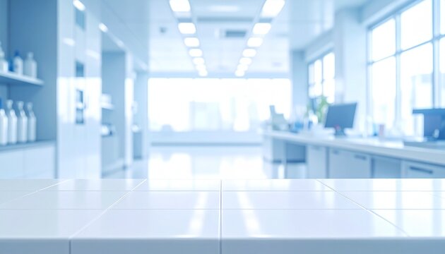 Clean biotechnology lab interior with empty white counter foreground, blurred benches, computer monitor, shelves, windows and blue clinical lighting