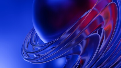 Abstract 3D background with glossy blue metallic sphere and orbiting rings © Delementa