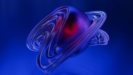 Abstract 3D background with glossy blue metallic sphere and orbiting rings © Delementa