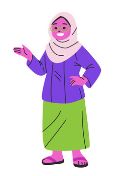 Indonesian woman wearing hijab glasses traditional clothes smiling hand gesture modern flat style white background