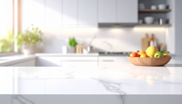 Bright modern kitchen interior with empty polished white marble countertop, blurred cabinets, stove, fruit bowl and green plants near a sunny window for product display, home decor and real estate bac