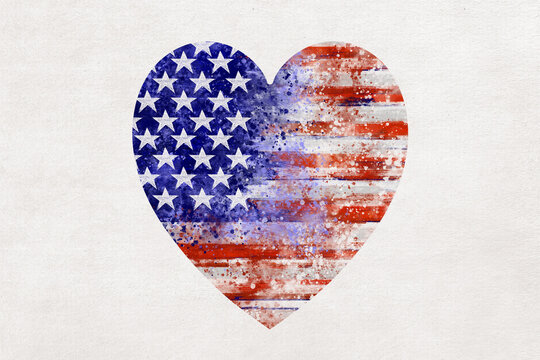 Heart-shaped flag with watercolor paint splatter effect illustration