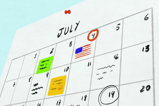 Calendar page for july showing the fourth of july with flag marking