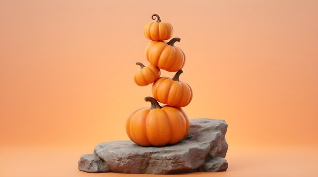 A delightful arrangement features four bright orange pumpkins carefully stacked upon a rough weathered stone foundation with a cozy fall season background