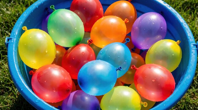 Blue bucket overflows with colorful water balloons, some wet. Ready for fun summer games. Bright red, yellow, blue, green, orange, purple balloons fill tub outdoors on grass.