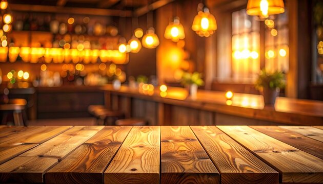 Empty wooden bar counter in rustic pub interior with blurred shelves of liquor bottles, pendant lights, warm golden bokeh and empty foreground for product mockup or advertising background