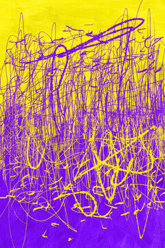 Abstract digital painting with chaotic purple and yellow scribbles