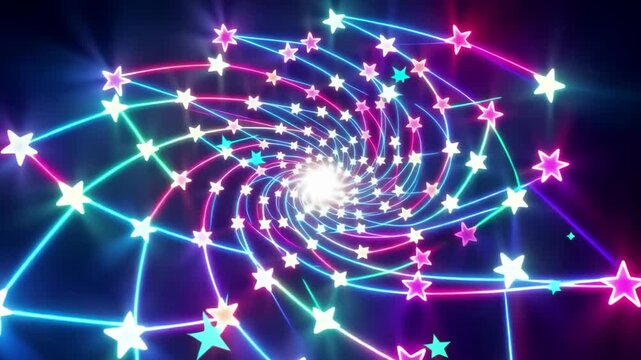 Bright blue light expands into colorful swirling stars, creating a vibrant cosmic effect with glowing trails in a dark background, showcasing a mesmerizing visual journey