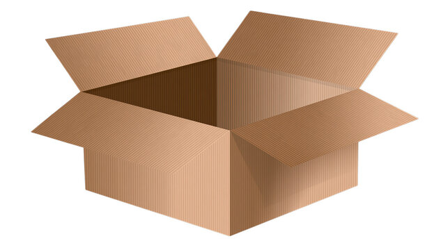 Empty brown corrugated cardboard box with open flaps shown from high angle perspective for shipping and storage on transparent background
