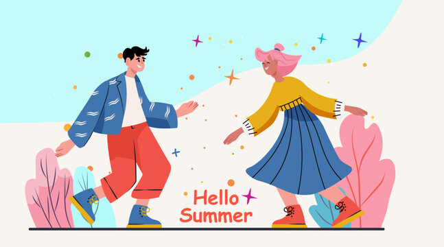 Hello summer young people dancing outdoors colorful abstract plants confetti bright background playful joyful scene website banner