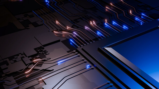 Abstract render of a printed circuit board with glowing digital