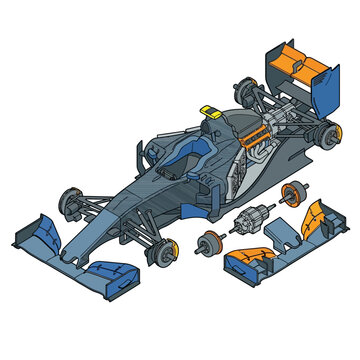 Isometric 3D vector illustration of a modern Formula 1 racing car chassis with exploded components including engine, transmission, front and rear wings, and carbon fiber monocoque frame.