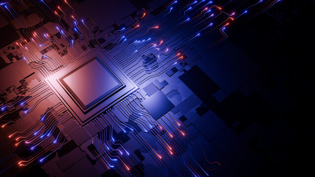 Abstract render of a glowing computer microchip with electric circuits