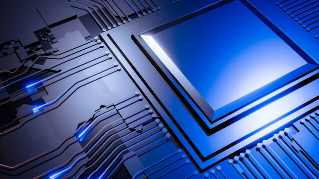Microchip on circuit board with blue lighting