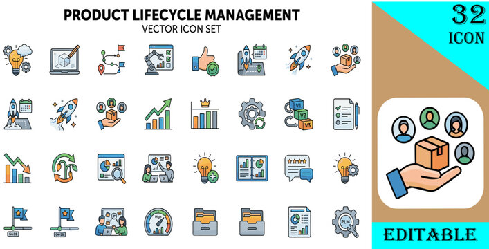 Modern Product Lifecycle Management Process Icons Set Editable Vector for Development Launch Growth Maturity Innovation Design Strategy Planning Analysis System