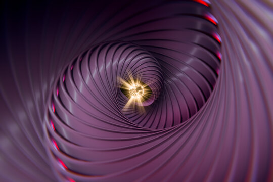 Abstract metallic purple spiral tunnel with glowing central sphere